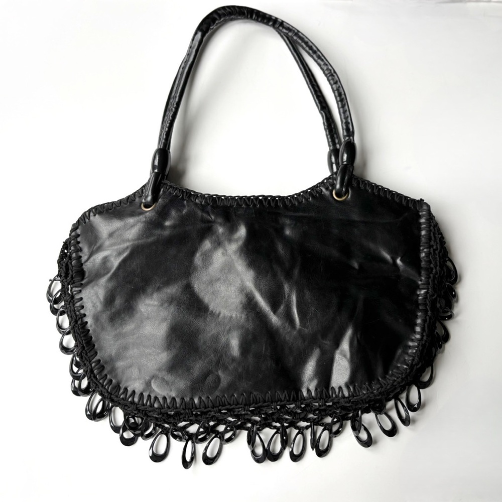 Y2K Vintage Embroidered‎ Beaded Sequin Embellished Black Vegan Leather Boho Bag - Picture 6 of 7